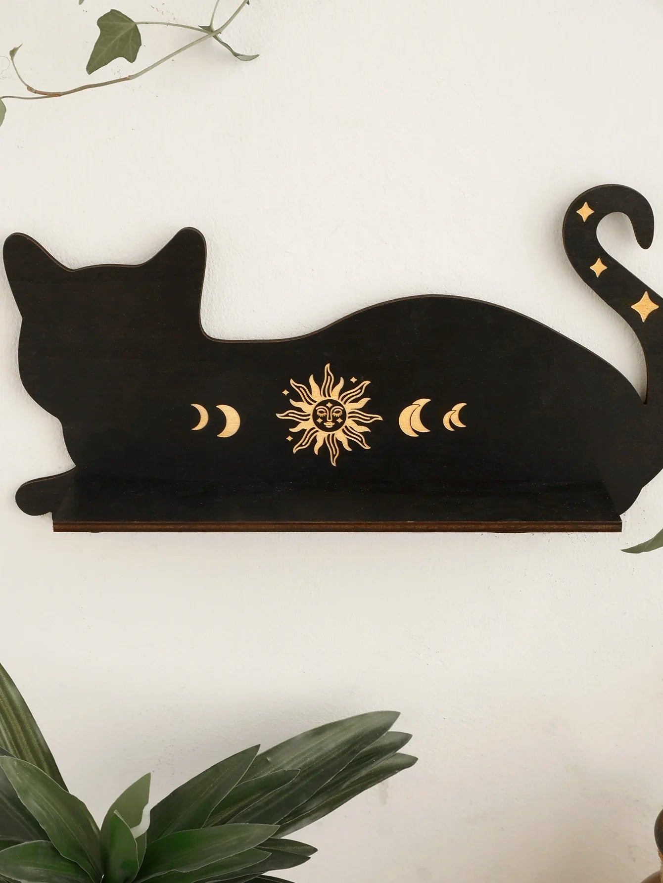 Moon Phase Black Cat Wooden Shelf