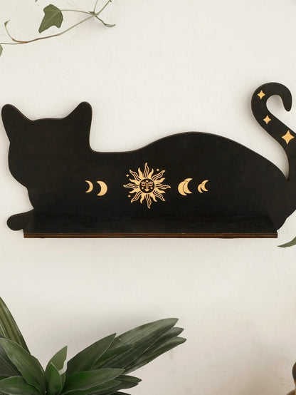 Moon Phase Black Cat Wooden Shelf