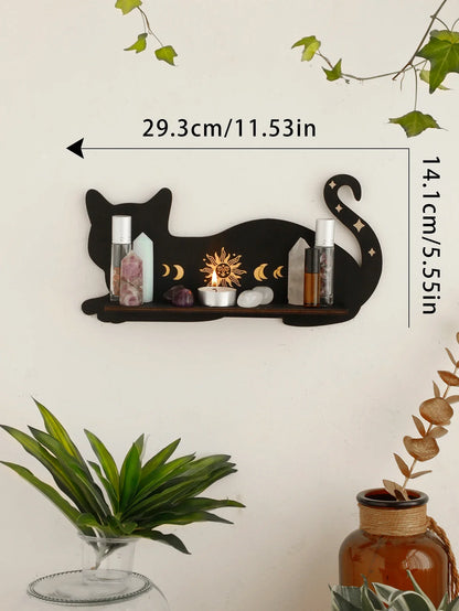 Moon Phase Black Cat Wooden Shelf