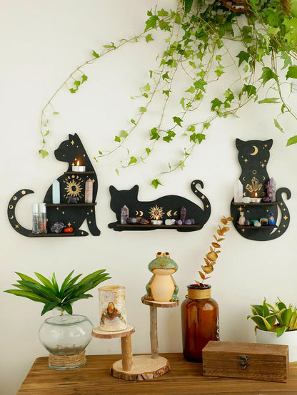 Moon Phase Black Cat Wooden Shelf