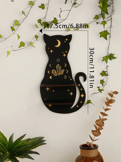 Moon Phase Black Cat Wooden Shelf
