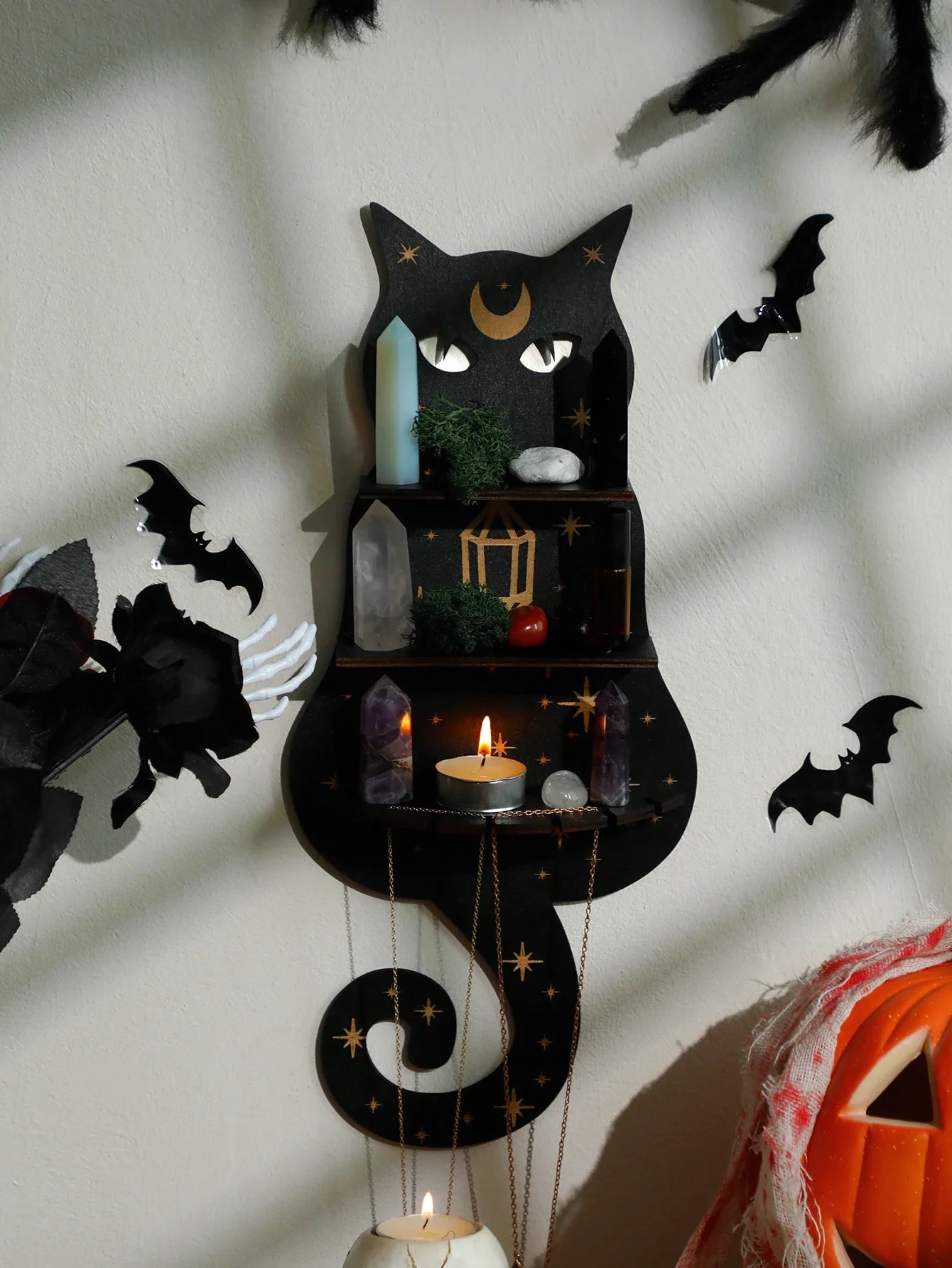 Moon Phase Black Cat Wooden Shelf - TK-MS6842
