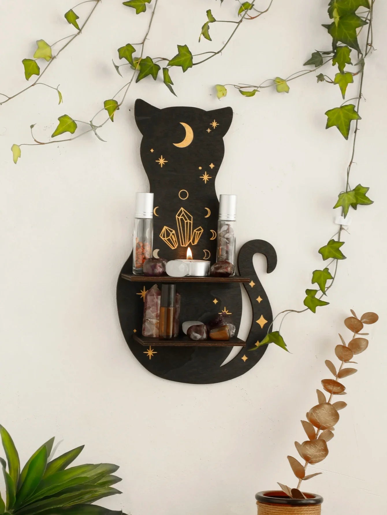 Moon Phase Black Cat Wooden Shelf - wall shelf MS7106
