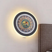 Moroccan elephant wall mural led lamp with glowing ring featuring teal and gold mandala elephant wall design