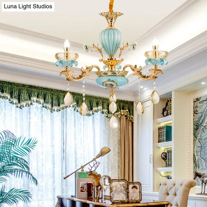 Lámpara de araña colgante marroquí de cerámica azul y dorada con gota de cristal K9 - Lámpara de candelabro de 3/6 bombillas