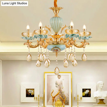 Lámpara de araña colgante marroquí de cerámica azul y dorada con gota de cristal K9 - Lámpara de candelabro de 3/6 bombillas