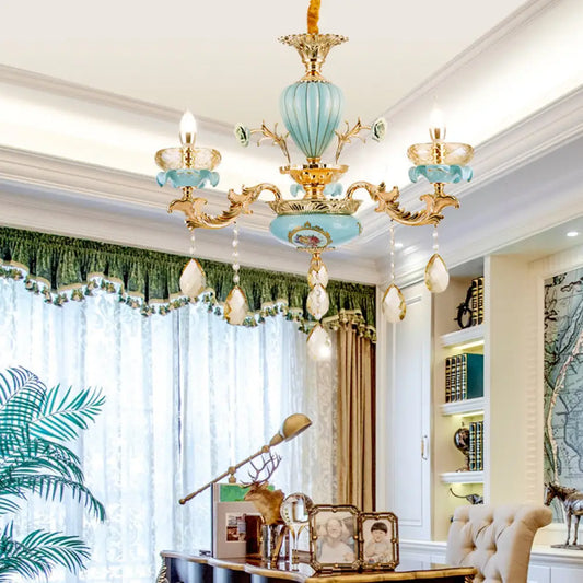 Lámpara de araña colgante marroquí de cerámica azul y dorada con gota de cristal K9 - Lámpara de candelabro de 3/6 bombillas