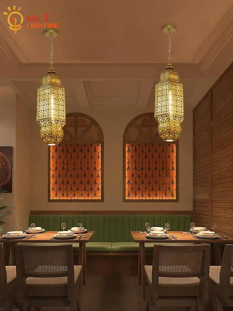 Golden moroccan gold lustre pendant lights with intricate geometric patterns for dining room decorbites pendant lights