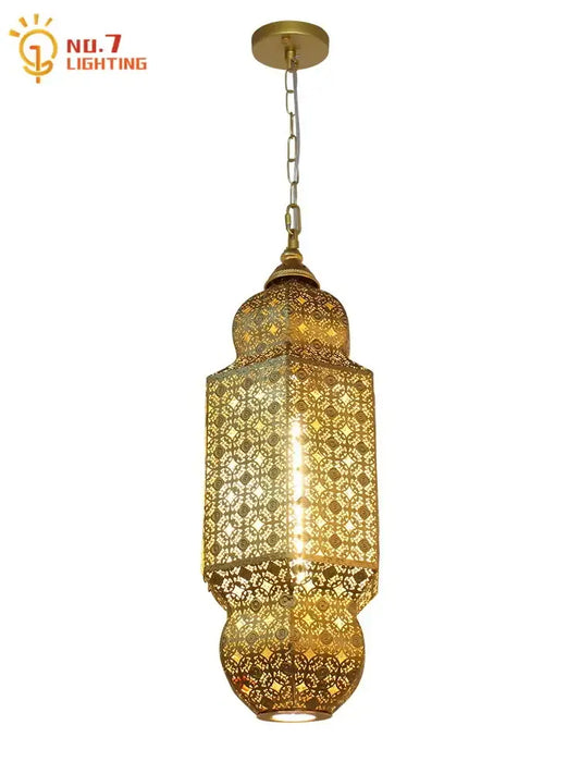 Gold-toned moroccan gold lustre pendant light with intricate geometric cutouts and chain suspension for dining room decorbites gold lustre pendant lights