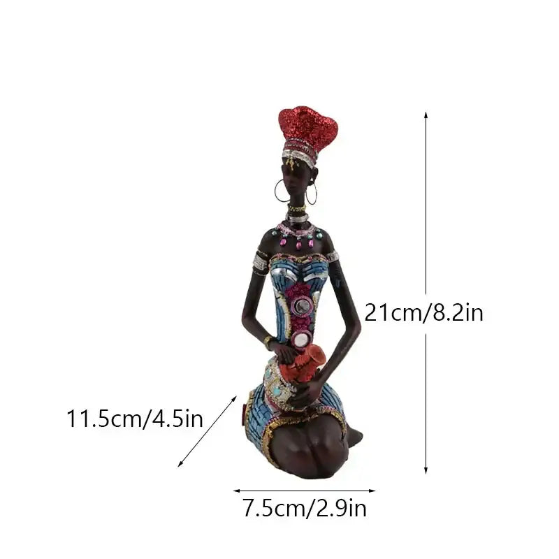 A mosaic african black women resin figurine with intricate beaded attire and a sparkling red headdress for living room decor