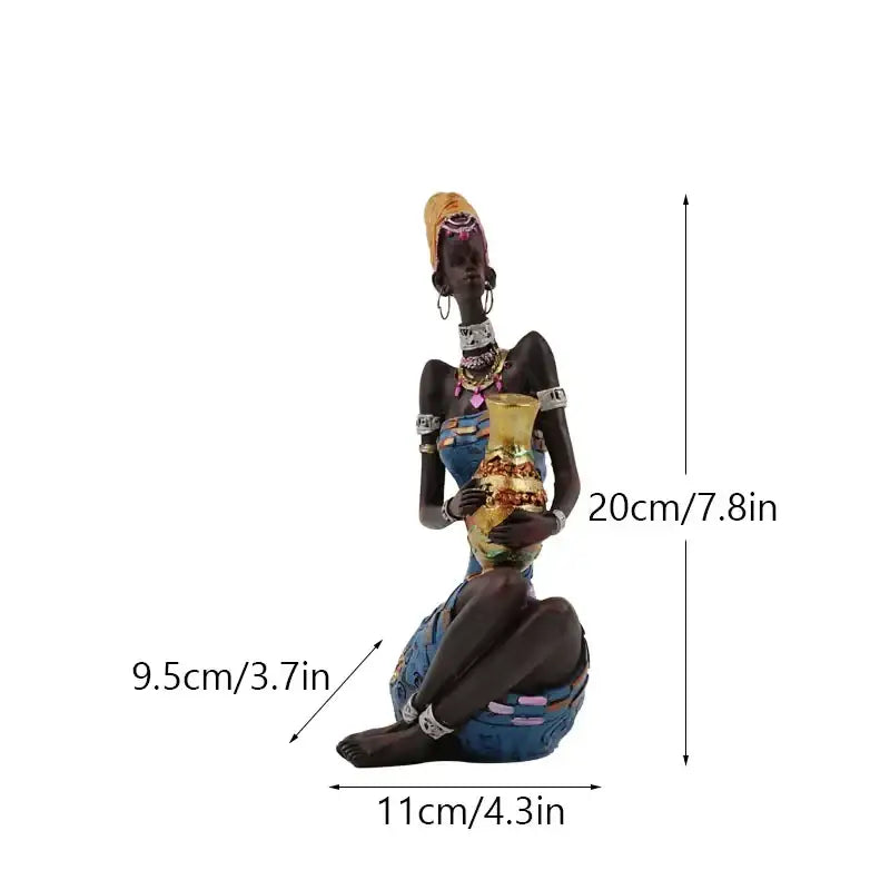 Mosaic african black women resin art figure seated holding golden vase wearing blue dress for living room decorbites black women