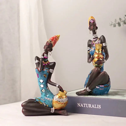 Two mosaic african black women resin art figures in turquoise dresses with gold accents for decorbites black women decor