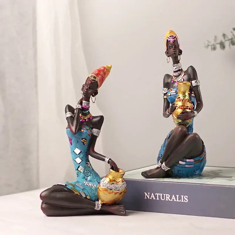 Two mosaic african black women resin art figures in turquoise dresses with gold accents for decorbites black women decor