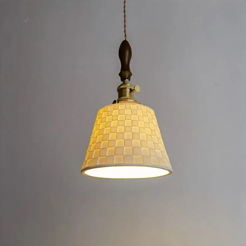 Warm-toned pendant light with cream checkered glass shade and dark wood handle, decorbites ceramic copper led kitchen fixture