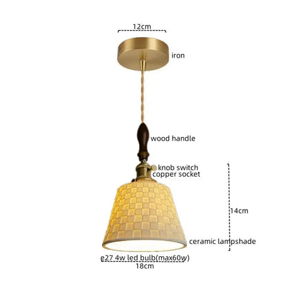 Warm-toned mosaic brass and wood pendant light with ceramic copper led shade and twisted copper wire decorbites ceramic copper
