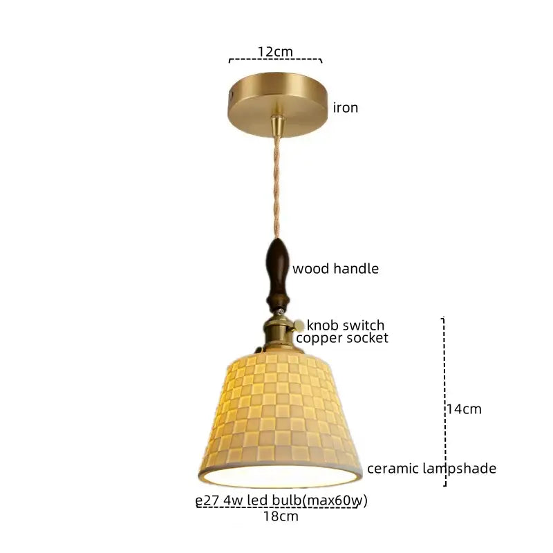 Warm-toned mosaic brass and wood pendant light with ceramic copper led shade and twisted copper wire decorbites ceramic copper
