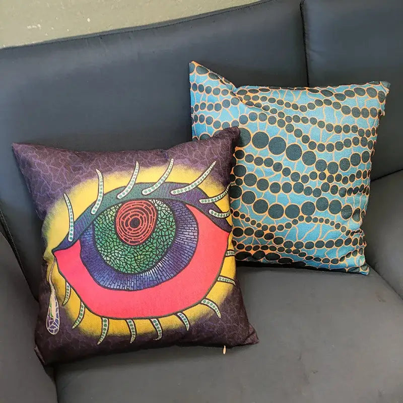 Vibrant multicolored eye design cotton pumpkin pillowcase with purple base and mosaic patterns for living room decorbites decor