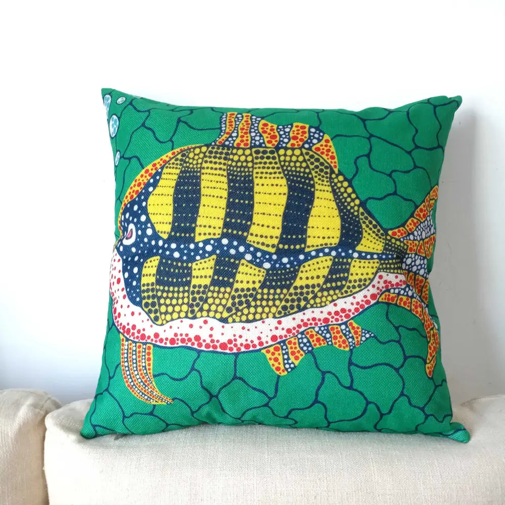 Vibrant green decorbites cotton pumpkin pillowcase with bold yellow navy dot-patterned fish design and orange accents