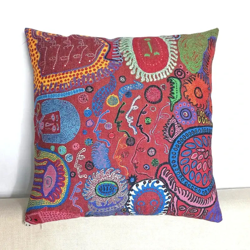 Vibrant red decorbites cotton pumpkin pillowcase featuring colorful embroidered faces and abstract patterns for living room decor