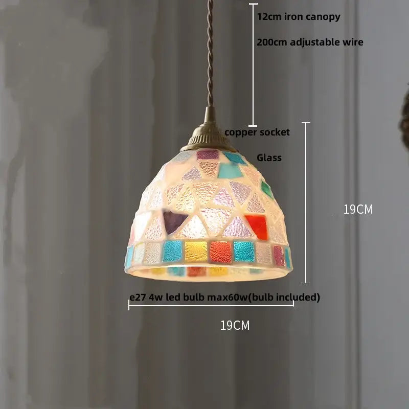 Colorful mosaic floral and conch glass led pendant light with copper socket and twisted iron canopy for dining room decorbites conch glass
