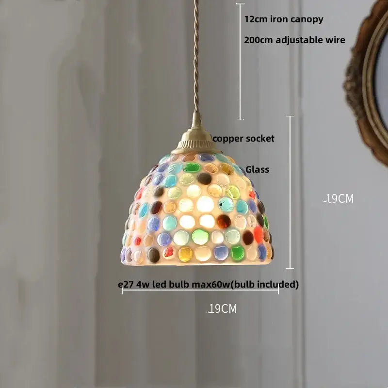 Colorful mosaic floral and conch glass led pendant light with copper socket and twisted iron canopy for dining room decorbites conch glass
