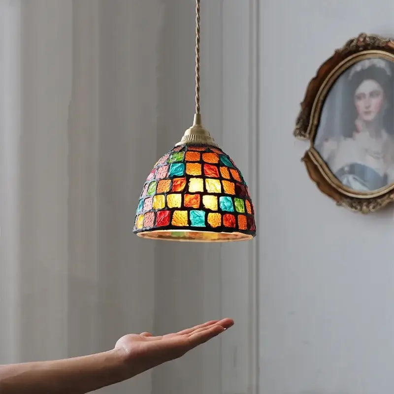 Colorful mosaic floral and conch glass led pendant light with brass metal frame and twisted cord by decorbites conch glass