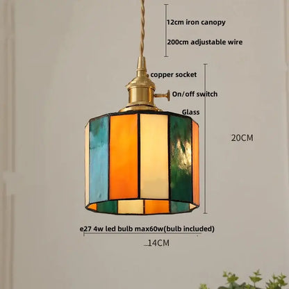 Colorful hexagonal mosaic floral and conch glass led pendant light with brass copper socket and adjustable wire suspension