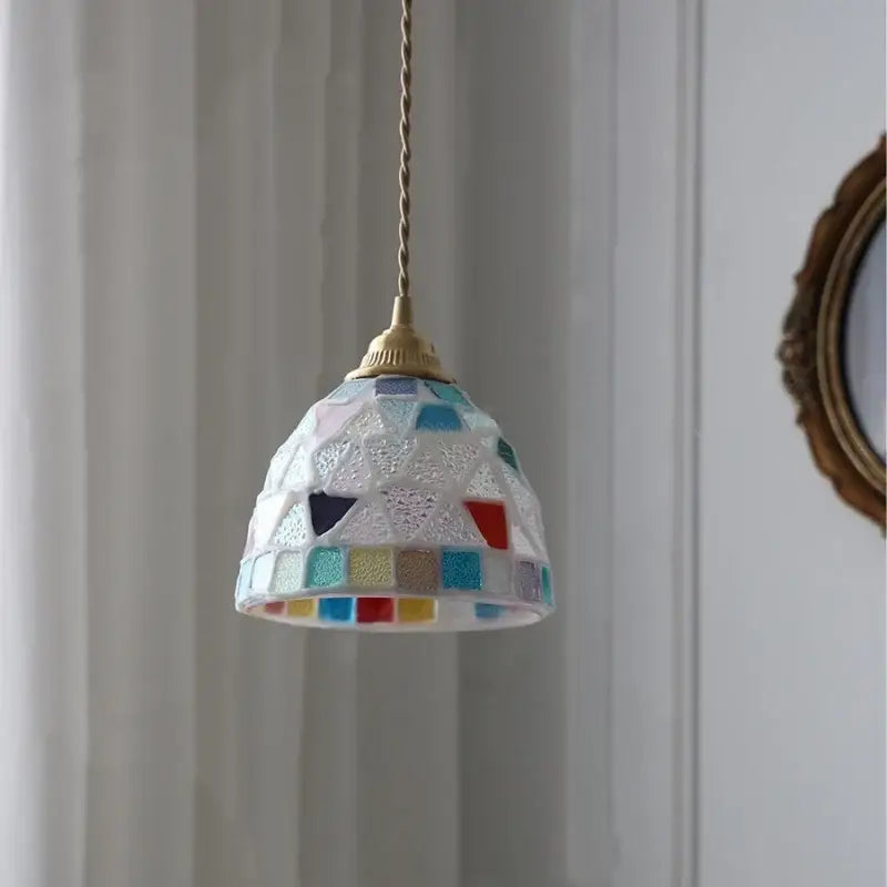 Colorful mosaic pendant light with white lace-patterned base and multicolored glass tiles by decorbites conch glass led