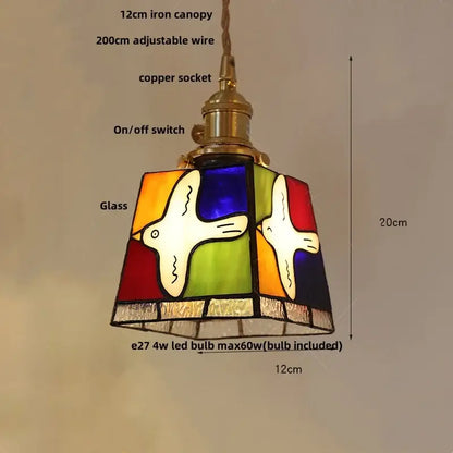 Colorful stained glass pendant light with white bird designs in vibrant orange blue green and red decorbites conch glass led