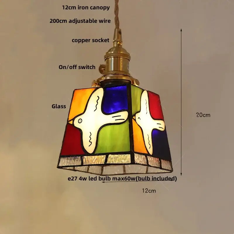 Colorful stained glass pendant light with white bird designs in vibrant orange blue green and red decorbites conch glass led