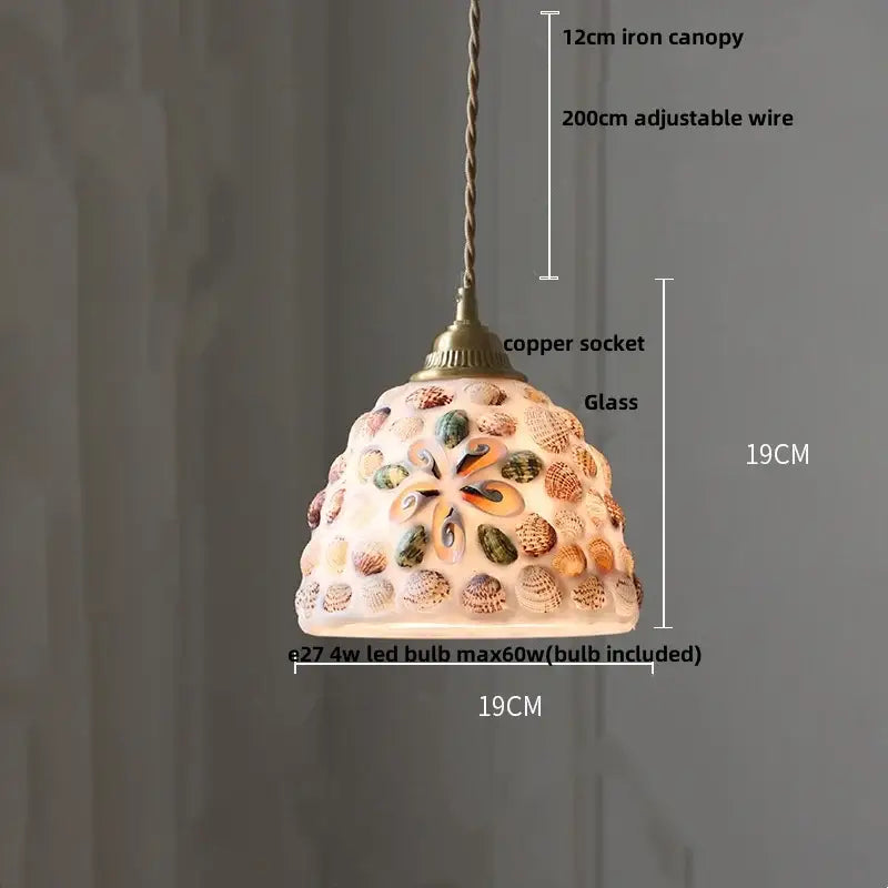 Mosaic floral and conch glass led pendant light with multicolor seashells and iron wire for dining room decorbites conch glass