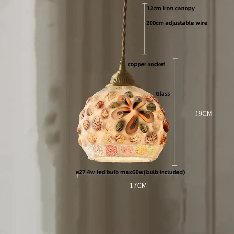 Mosaic floral and conch pendant light with decorbites conch glass led design and copper socket for dining room decor