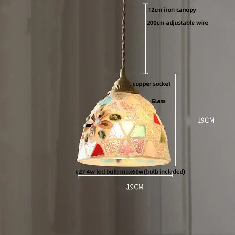 Decorbites conch glass led pendant light with colorful red green and cream floral mosaic panels in iron canopy for dining room decor