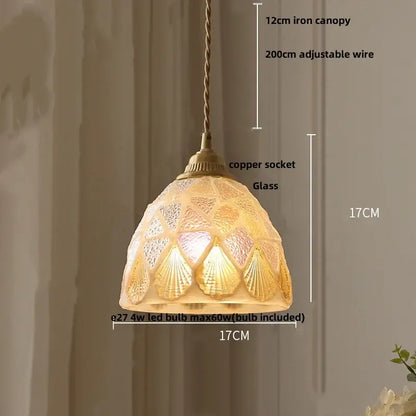 A warm-toned mosaic floral and conch glass led pendant light with copper socket and iron canopy for dining room decorbites conch glass