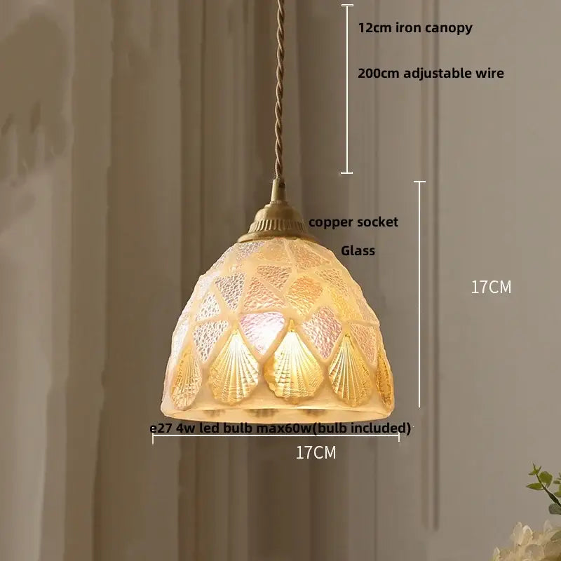 A warm-toned mosaic floral and conch glass led pendant light with copper socket and iron canopy for dining room decorbites conch glass