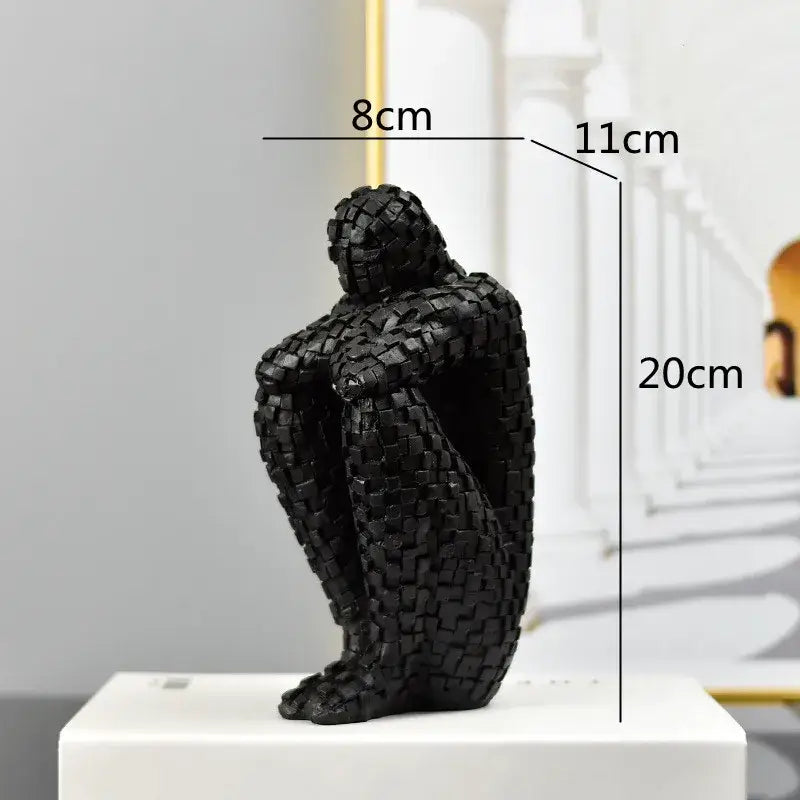 Black mosaic-textured seated human figurine 20cm tall resembling golden man thinker for living room decor