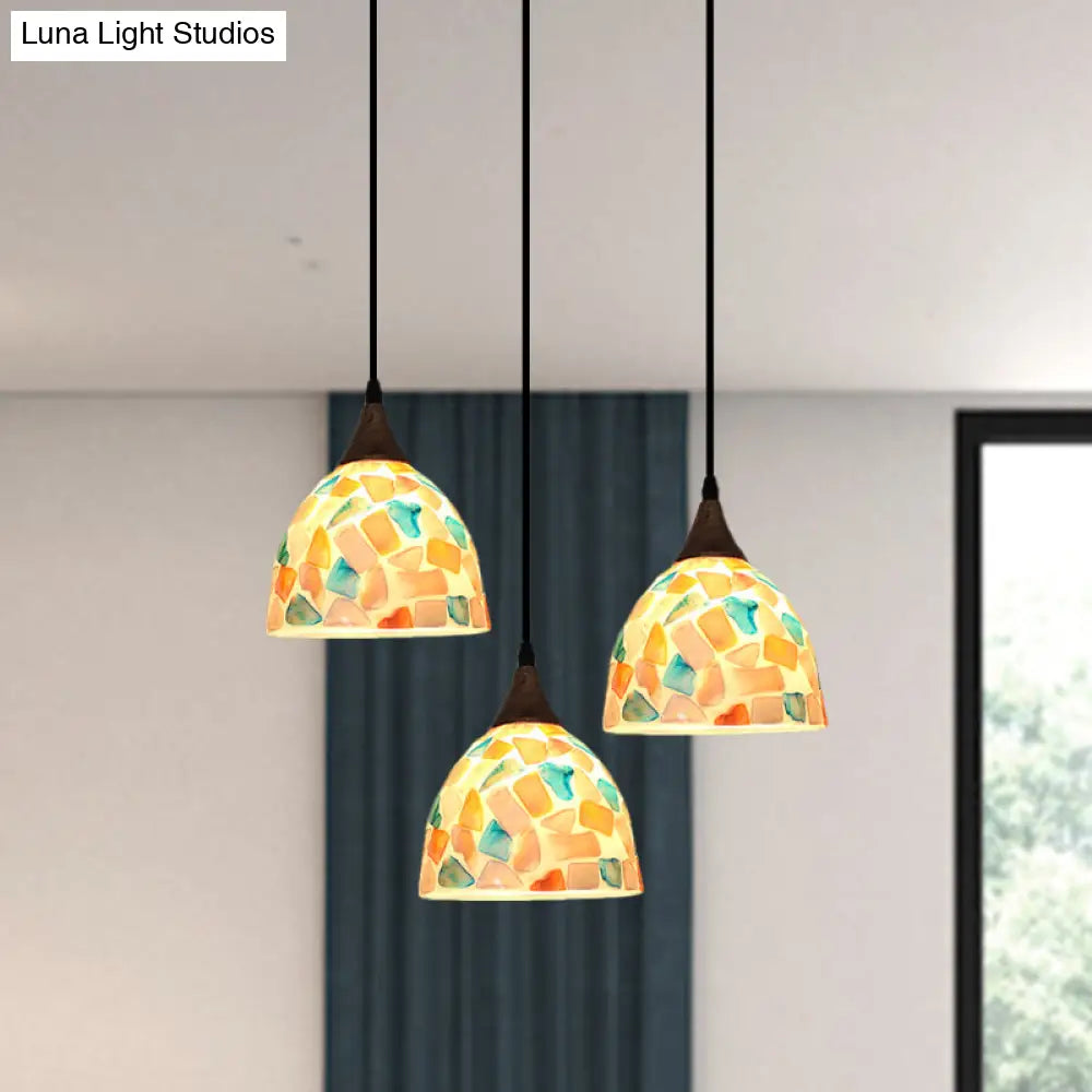 Mosaic Tile Shell Drop Tiffany-Style Pendant Lamp with Bell Shape, Bronze Finish - 3 Bulbs, Multi-Light Design