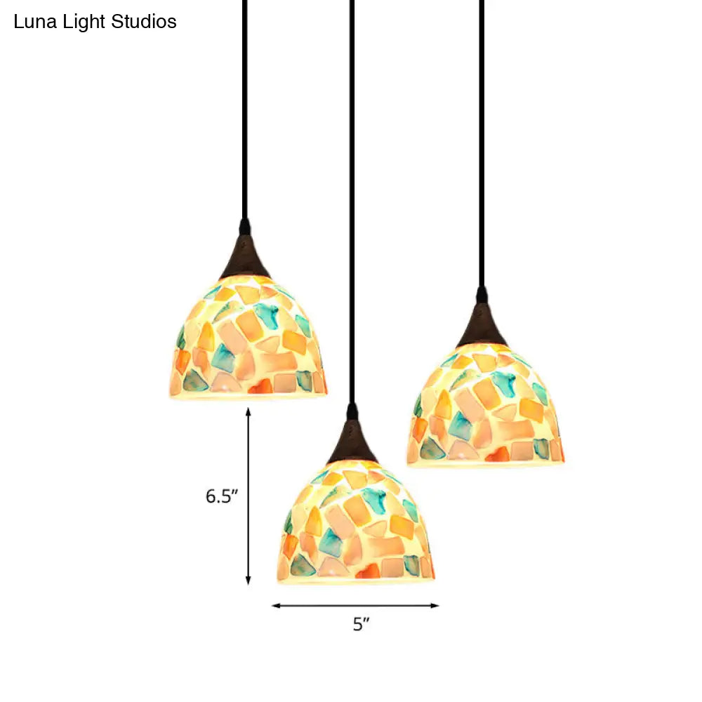 Mosaic Tile Shell Drop Tiffany-Style Pendant Lamp with Bell Shape, Bronze Finish - 3 Bulbs, Multi-Light Design