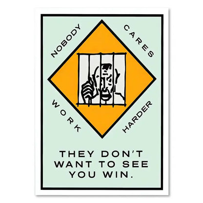 Decorbites™ dollar millionaire motivational cartoon canvas painting features bold yellow warning sign with black line art and text on mint wall art