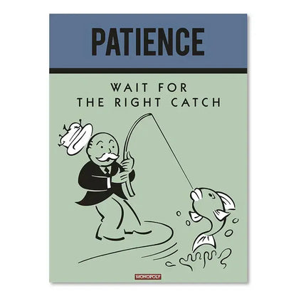 DecorBites canvas painting wall art features a black-and-white fishing cartoon with motivational quote on light green