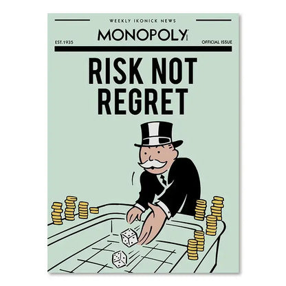 Monopoly-themed canvas painting featuring a cartoon man rolling dice with gold coins as motivational wall art by decorbites