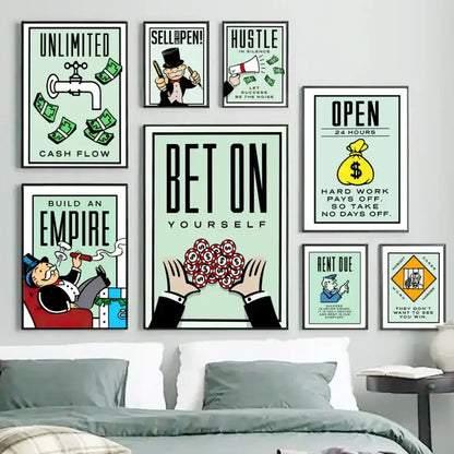Set of eight framed DecorBites canvas painting wall art with motivational quotes and colorful illustrations on mint backgrounds