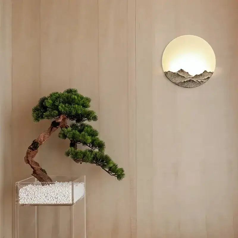 Minimalist circular mountain landscape led wall light with warm diffused lighting for bedroom decorbites led wall decor