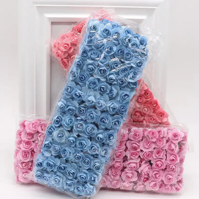 Multi color blue and pink decorbites 144pcs 2cm artificial paper roses in clear packaging for wedding decor and bedroom use