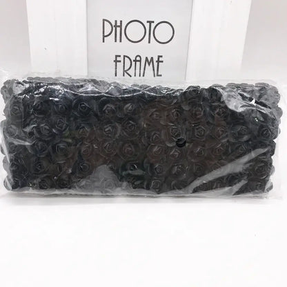 A package of black 144pcs 2cm artificial paper roses by decorbites neatly arranged for wedding decor or bedroom use