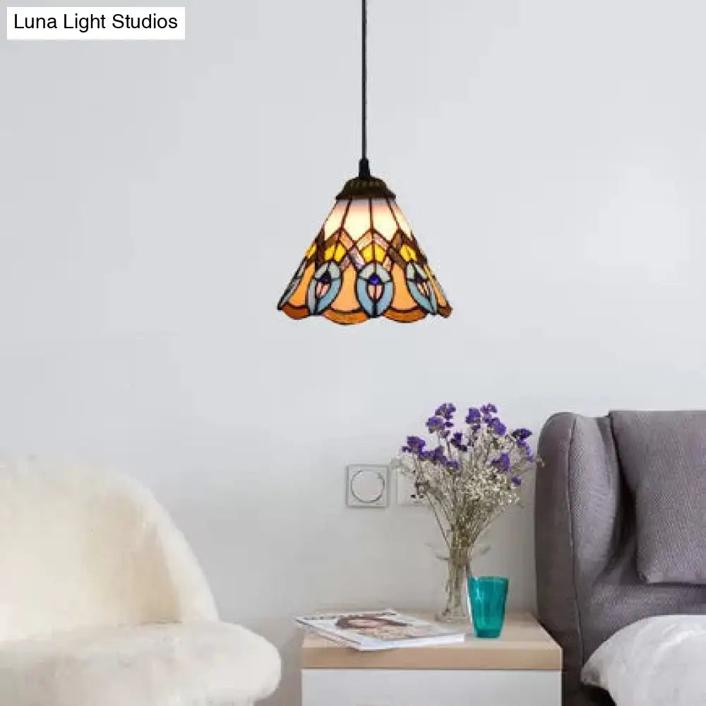 Multi-Color Baroque Style Pendant Light: Adjustable Mini Peacock Tail Design with Art Glass Cone Shade