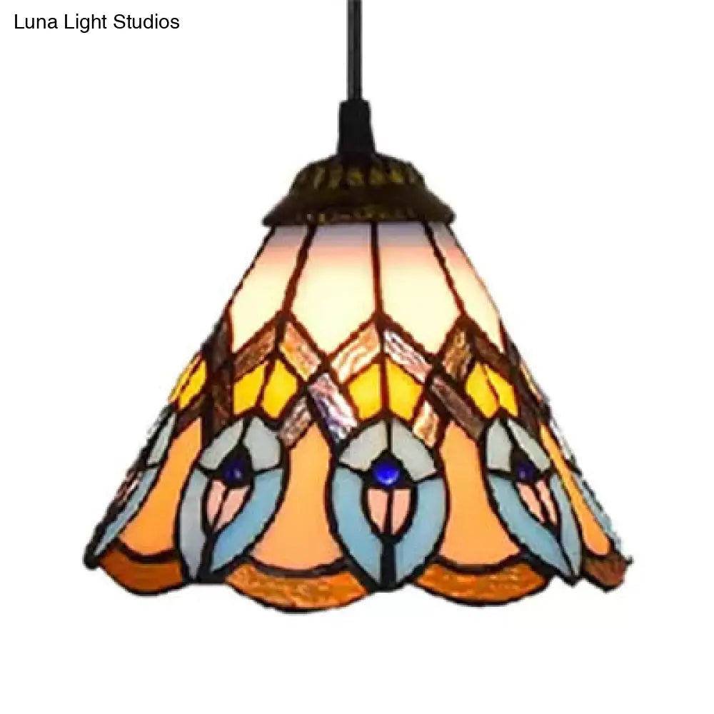 Multi-Color Baroque Style Pendant Light: Adjustable Mini Peacock Tail Design with Art Glass Cone Shade