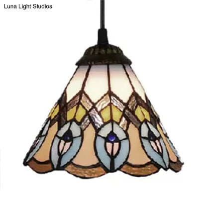 Multi-Color Baroque Style Pendant Light: Adjustable Mini Peacock Tail Design with Art Glass Cone Shade