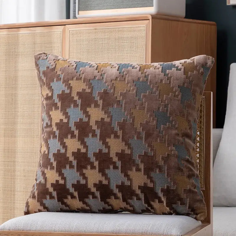 Square pillow cover with textured brown beige and muted blue houndstooth luxury pattern for living room decorbites decor