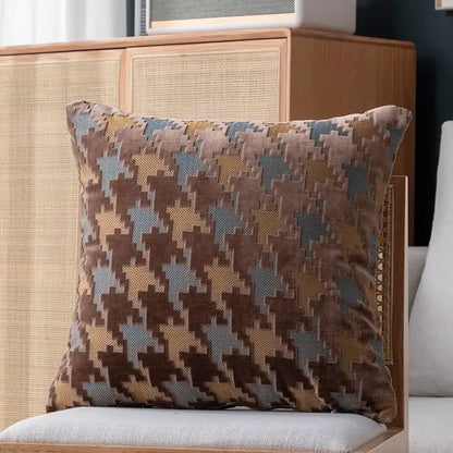 Square pillow cover with textured brown beige and muted blue houndstooth luxury pattern for living room decorbites decor